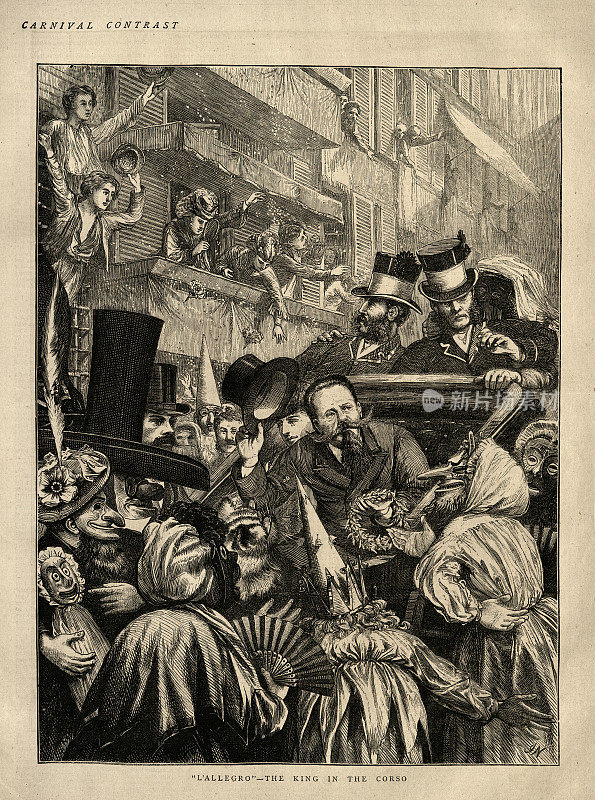 意大利国王维克托・埃马纽埃尔二世,穿过狂欢节,L'Allegro,国王在Via del Corso,罗马,1872年